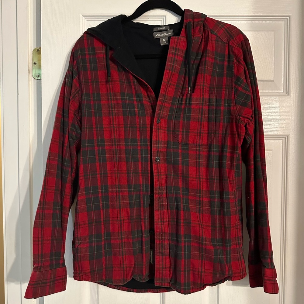 Eddie Bauer Red and Black Lightweight Plaid Shirt Jacket